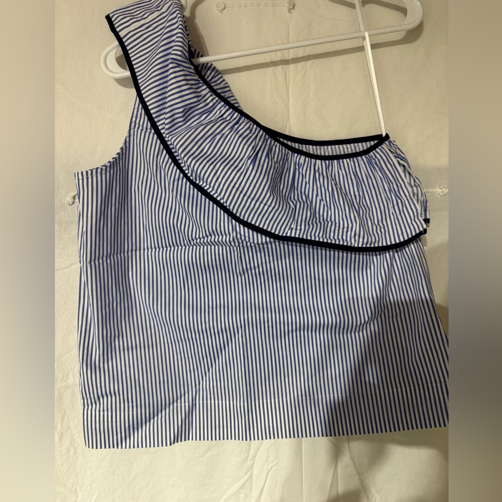 J. Crew Blue and White Striped Ruffle One-Shoulder Blouse